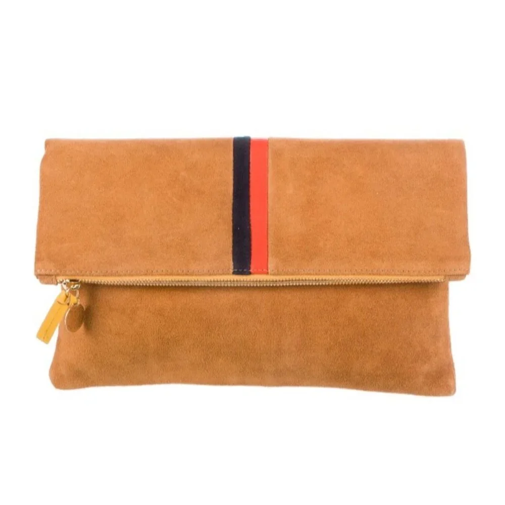 Clare V Camel Stripe Suede Leather Foldover Clutch Purse - Picture 7 of 13